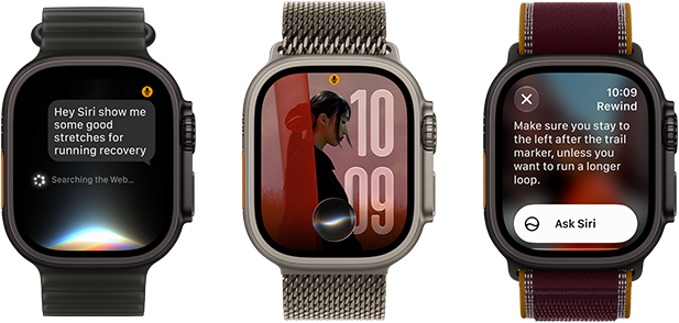 Three Apple Watch Ultra 4 devices, one with black titanium case, Siri AI conversation, translucent black Ocean Band, one with natural titanium case, personalised photo on watch face with Siri AI complication, natural titanium Milanese Loop band, and one with black titanium case, Siri Recap, burgundy Trail Loop band