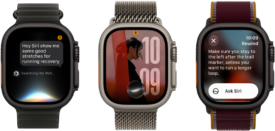 Three Apple Watch Ultra 4 devices, one with black titanium case, Siri AI conversation, translucent black Ocean Band, one with natural titanium case, personalised photo on watch face with Siri AI complication, natural titanium Milanese Loop band, and one with black titanium case, Siri Recap, burgundy Trail Loop band