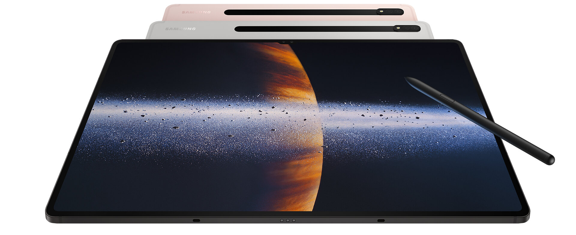 The Galaxy Tab S8 series with the Ultra showing a space scene on screen