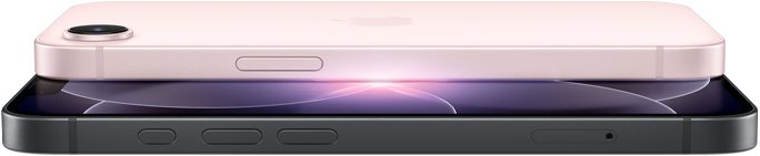 iPhone 17e, horizontal side and back exterior, soft pink colour, iPhone 17e, horizontal side and front exterior, black colour