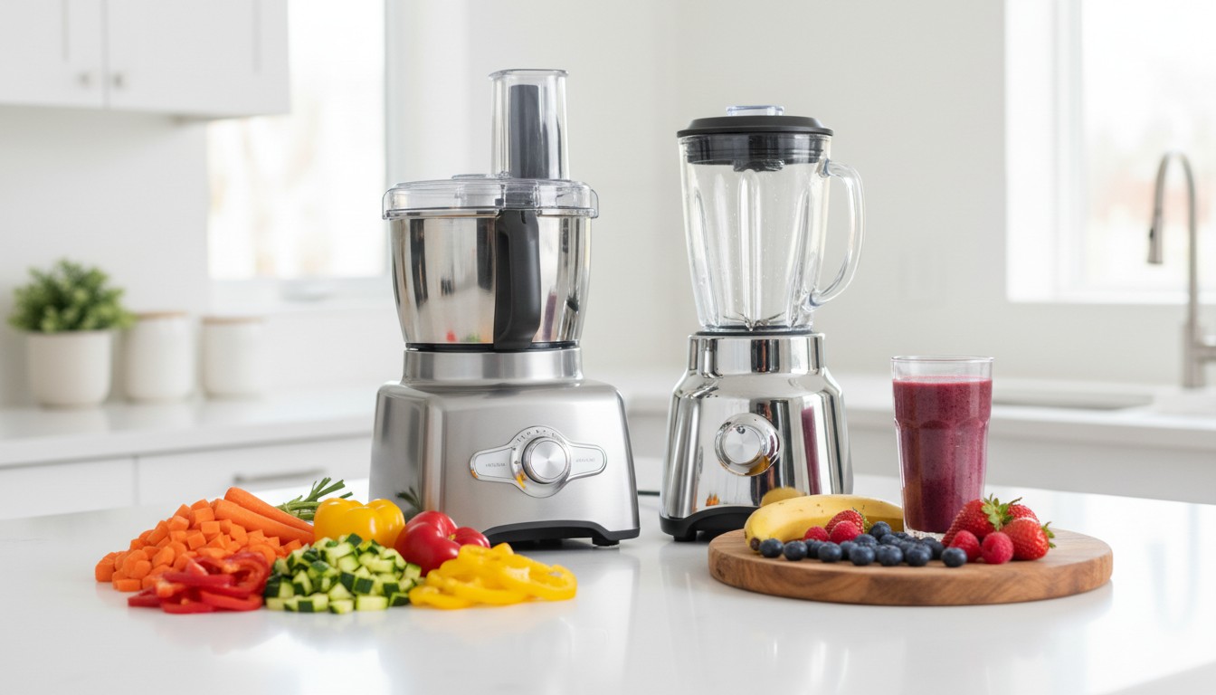 Modern kitchen bench with a food processor and a blender side by side, surrounded by fresh vegetables and fruit.