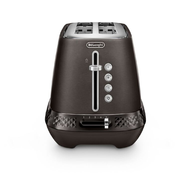The De'Longhi Diadema Long Slot Toaster featuring a glossy metal finish and elegant Italian styling.
