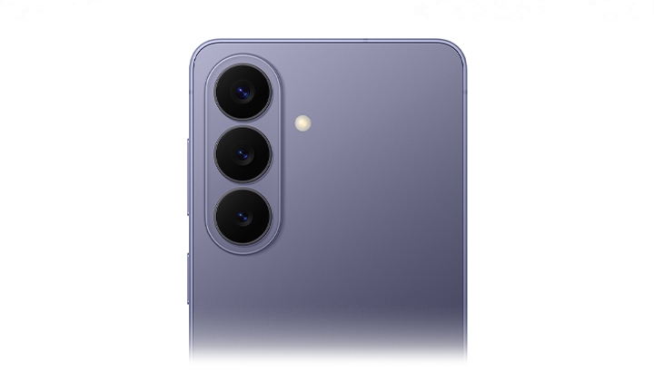 Close up of Galaxy S26 in Cobalt Violet from the back highlighting the new camera design.
