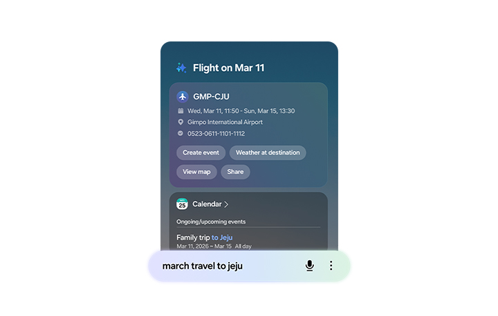March travel to Jeju has been typed into Finder's search bar. Flight details are then seen in a card that is easy to read with prompts such as create event, weather at destination, view map and share. Further information about the trip saved across different apps can also be seen including Calendar.