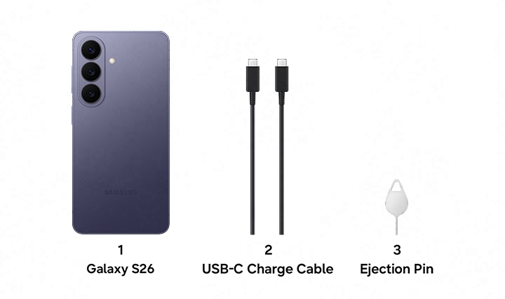 1. Galaxy S26, 2. USB-C Charge Cable, 3. Ejection Pin.