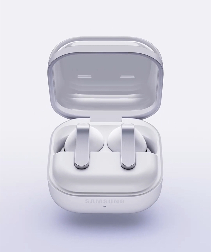 'Galaxy Buds4 Pro Charging Case open with earbuds placed inside.