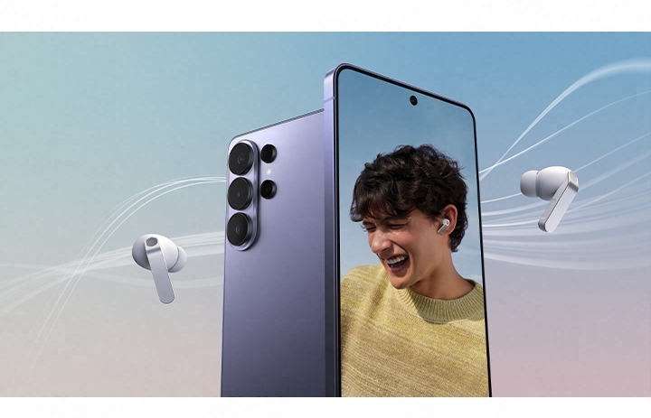 A pair of Galaxy Buds4 Pro in White surrounds two Galaxy S26 Ultra devices. One of the smartphones has the back facing forward. The other Galaxy S26 Ultra displays a person wearing Galaxy Buds4 Pro in White.