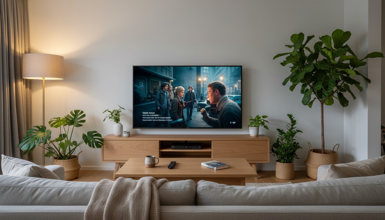 A modern New Zealand lounge with a large 4K TV on a wooden cabinet, streaming a vibrant movie scene, with a cosy sofa, soft lighting, and a relaxed Kiwi home feel.