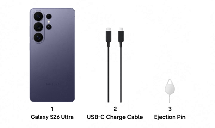 1. Galaxy S26 Ultra, 2. USB-C Charge Cable, 3. Ejection Pin.