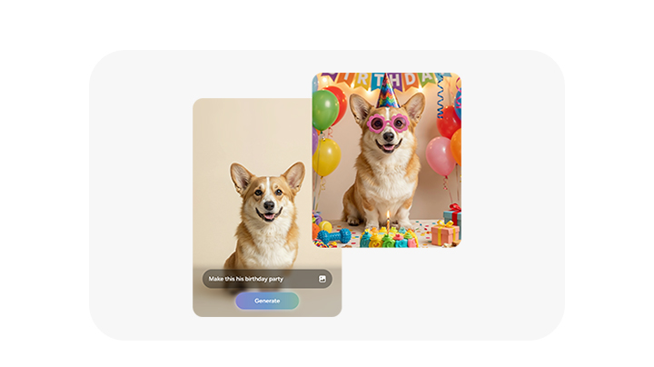 A photo of a dog is seen. In Photo Assist, the user can describe what to change by inputting a text prompt. After typing 'Make this his birthday party'. Galaxy AI has transformed the photo by adding various birthday themed accessories on and around the dog.