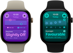 Two Apple Watch Series 12 devices: aluminium case, light gold colour, Daytime Vitals Slightly Off, Digital Crown, sand Sport Band, aluminium case, black colour, Overnight Vitals Favourable, Digital Crown, black Sport Band