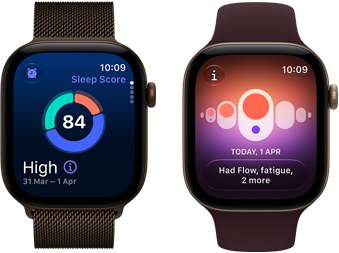 Apple Watch Series 12, aluminium case, dark bronze colour, sleep score circle graph, Digital Crown, Milanese Loop band, dark bronze colour