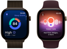 Apple Watch Series 12, aluminium case, dark bronze colour, sleep score circle graph, Digital Crown, Milanese Loop band, dark bronze colour