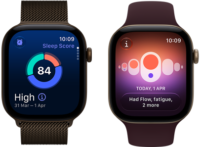Apple Watch Series 12, aluminium case, dark bronze colour, sleep score circle graph, Digital Crown, Milanese Loop band, dark bronze colour