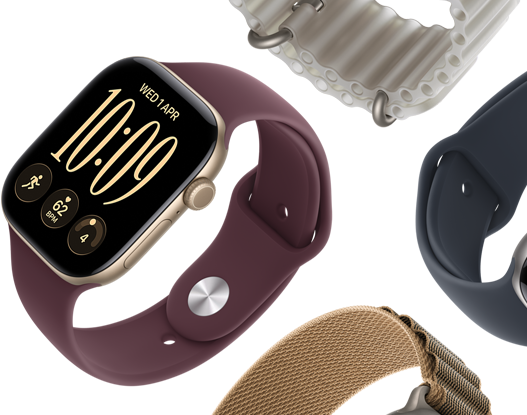 Apple Watch Series 11 bands: purple fog Sport Band, anchor blue Ocean band, light blue Alpine Loop