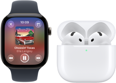 Apple Watch Series 12, aluminium case, black colour, black Sport Band, Apple Music app open, paired with AirPods 4