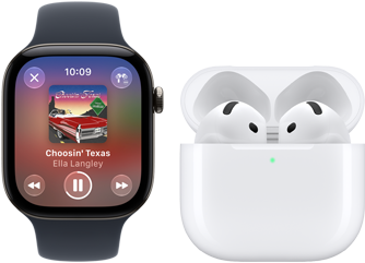 Apple Watch Series 12, aluminium case, black colour, black Sport Band, Apple Music app open, paired with AirPods 4