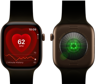 Two Apple Watch Series 12 devices, aluminium case, dark bronze colour with olive Sport Band, one showing the Heart Rate app, the other with the Health Sensing System on the back of the watch, with glowing green LED lights