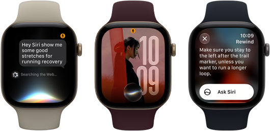Three Apple Watch Series 12 devices, one with light gold aluminium case, Siri AI conversation, sand Sport Band, one with light gold aluminium case, personalised photo on watch face with Siri AI complication, burgundy Sport Band, and one with space grey aluminium case, Siri Recap, black Sport Band