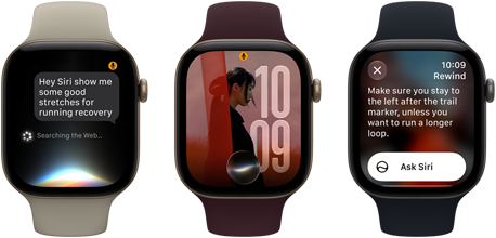 Three Apple Watch Series 12 devices, one with light gold aluminium case, Siri AI conversation, sand Sport Band, one with light gold aluminium case, personalised photo on watch face with Siri AI complication, burgundy Sport Band, and one with space grey aluminium case, Siri Recap, black Sport Band