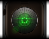 Back of Apple Watch Series 12, aluminium case, dark bronze colour, multiple round sensors with glowing green LED lights, left side exterior, Digital Crown, Sport Band, olive colour