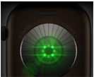 Back of Apple Watch Series 12, aluminium case, dark bronze colour, multiple round sensors with glowing green LED lights, left side exterior, Digital Crown, Sport Band, olive colour