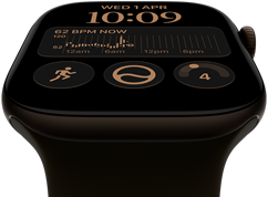 Apple Watch Series 12, aluminium case, dark bronze colour, Modular watch face, complications: day and date, Workouts, Activity rings, Apple Music, right side exterior, Digital Crown, Sport Band, olive colour