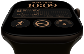 Apple Watch Series 12, aluminium case, dark bronze colour, Modular watch face, complications: day and date, Workouts, Activity rings, Apple Music, right side exterior, Digital Crown, Sport Band, olive colour