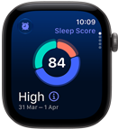 Apple Watch Series 12, aluminium case, space grey colour, sleep score circle graph, right side exterior, Digital Crown