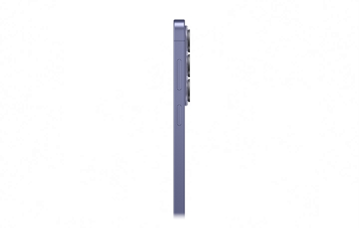 Galaxy S26 in Cobalt Violet is seen from the side to show the slim profile.