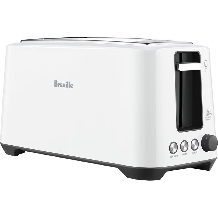 The Breville Lift and Look Plus 4 Slice Toaster in white with a long slot design.