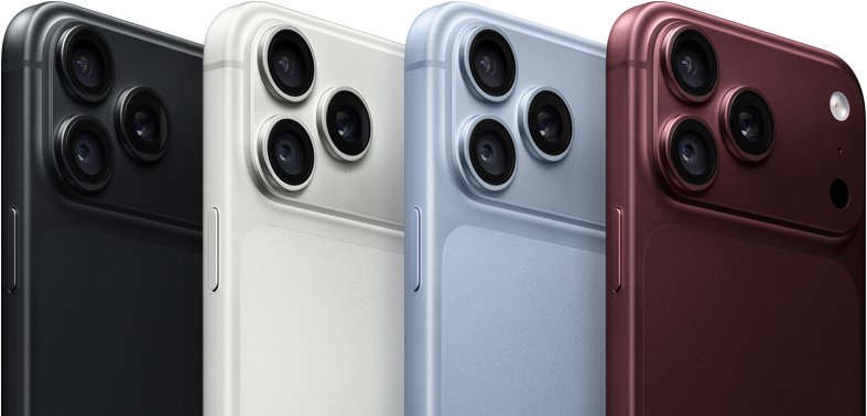 iPhone 18 Pro devices in a row, back exterior, all four colours: Black, Glacier, Silver, Burgundy, Pro Fusion camera system in top left corner, 3 lenses, microphone, flash