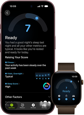 iPhone 18 Pro, black, front exterior, displaying the results of the Readiness status (score of 7), paired with Apple Watch, front facing, brown, displaying the same Readiness score of 7