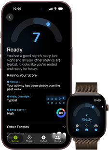 iPhone 18 Pro, black, front exterior, displaying the results of the Readiness status (score of 7), paired with Apple Watch, front facing, brown, displaying the same Readiness score of 7