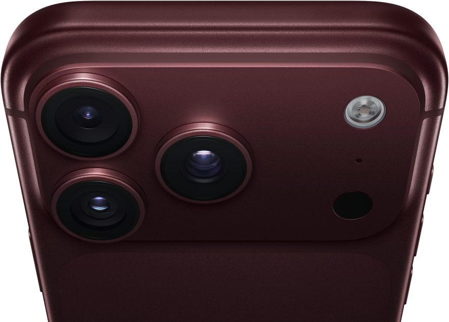iPhone 18 Pro Max, burgundy colour (dark red), back exterior, Pro Fusion camera system at top, 3 lenses, variable aperture blades partially closed, flash, microphone and LiDAR Scanner, top exterior, cellular antenna, flat sides, rounded edges