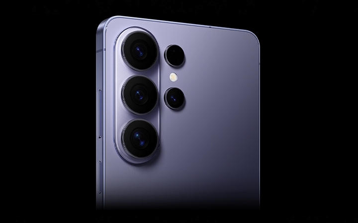 Close up of Galaxy S26 Ultra in Cobalt Violet from the back highlighting the new camera design.