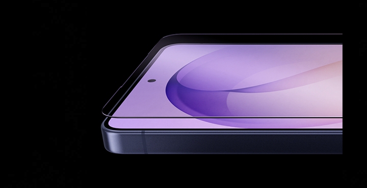 Galaxy S26 Ultra is seen horizontally from the main screen. A sheet of glass hovers over the screen.