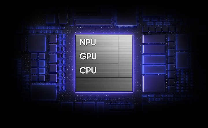 Galaxy's customized chip set is seen on a chipboard. GPU, NPU and CPU appear on the chip. NPU, 39 percent faster AI performance. GPU, 24 percent improved graphics performance. CPU, 19 percent faster processing.