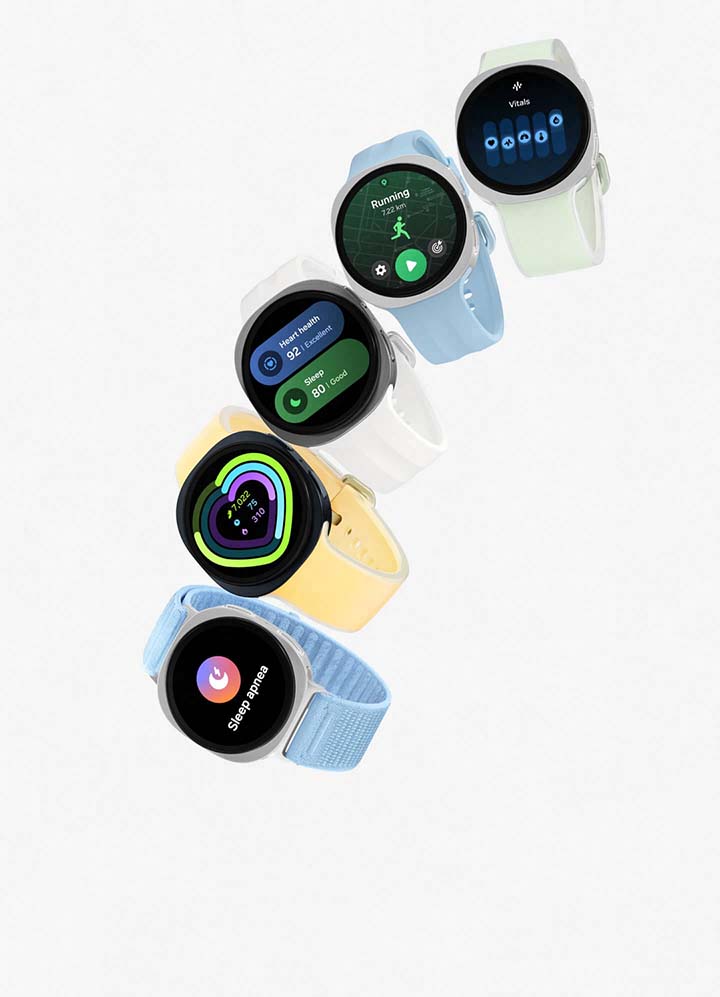 Galaxy Watch9 44 mm model in Graphite with a Fabric Band in Blue, Galaxy Watch9 44 model in Graphite with a Misty Band in Yellow, Galaxy Watch9 44 mm model in Silver with a Sport Band in Cream, Galaxy Watch9 40 mm model in Cream with a Sport Band in Blue and Galaxy Watch9 40 mm model in Cream with a Misty Band in Green are lined up to showcase the light, comfortable and versatile design of the watch and compatible bands.