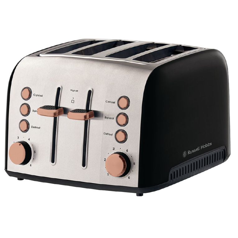 The Russell Hobbs Brooklyn 4-Slice Toaster in matte black with copper and chrome accents.