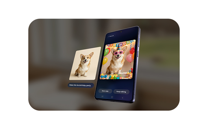 A photo of a dog is seen. In Photo Assist, the user can describe what to change by inputting a text prompt. After typing 'Make this his birthday party'. Galaxy AI has transformed the photo by adding various birthday themed accessories on and around the dog.