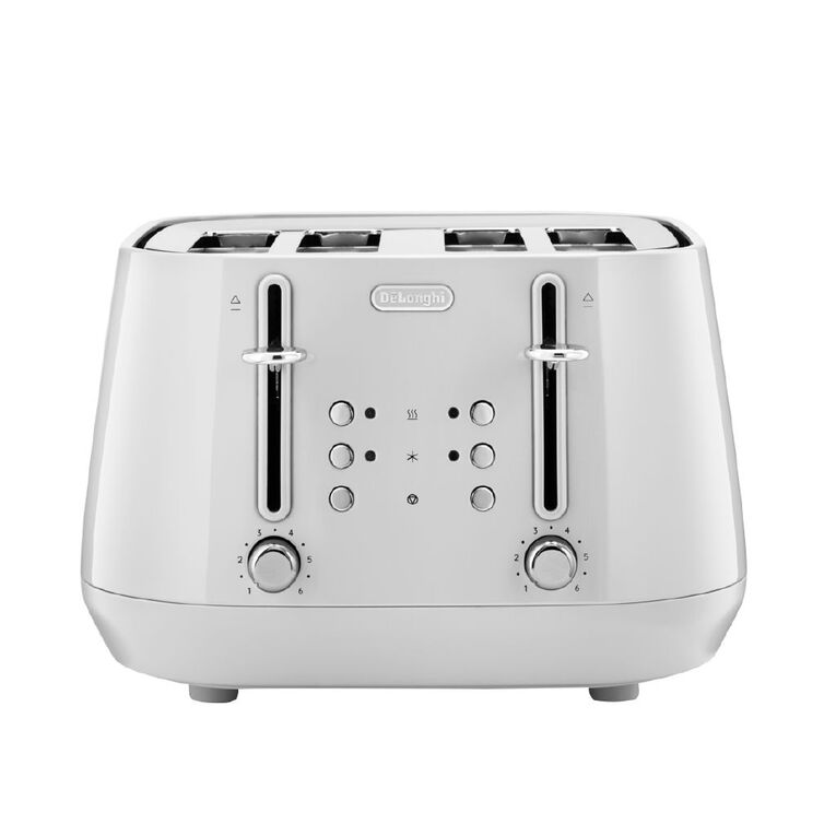 The De'Longhi Eclettica 4 Slice Toaster in black with a glossy metallic finish and premium Italian design.