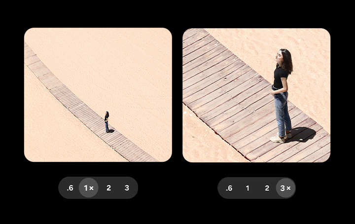 A scenic photo has been taken in 1 times zoom. Another has been taken in 3 times zoom. Even when zoomed in, details remain clear and vivid.