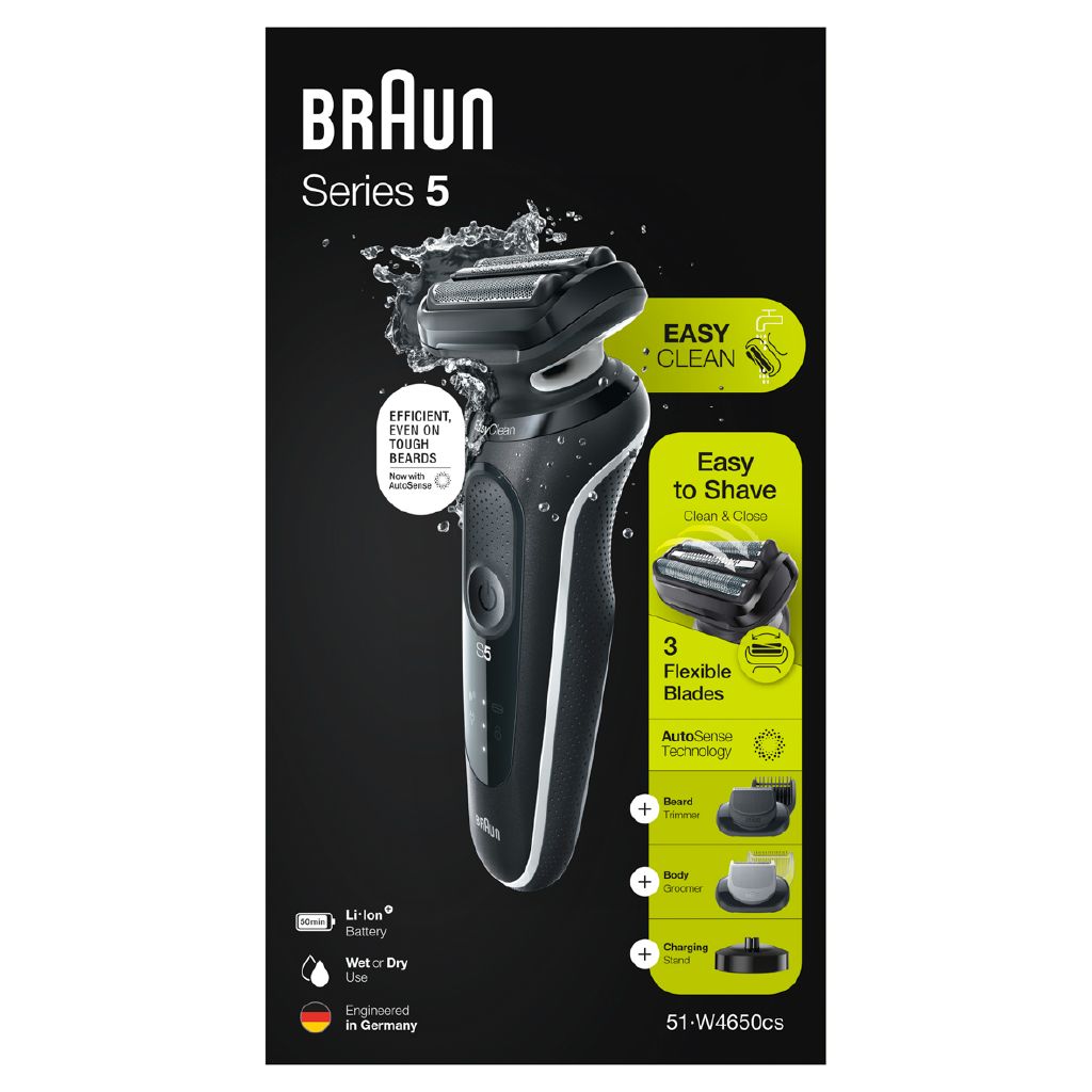 Braun Series 5 Electric Shaver 51-W4650cs with Charging Stand, Beard Trimmer, Body Groomer, Wet & Dry, White